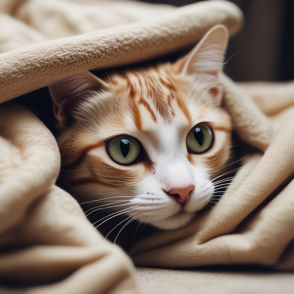 A curious cat with wide eyes peeking from under a blanket